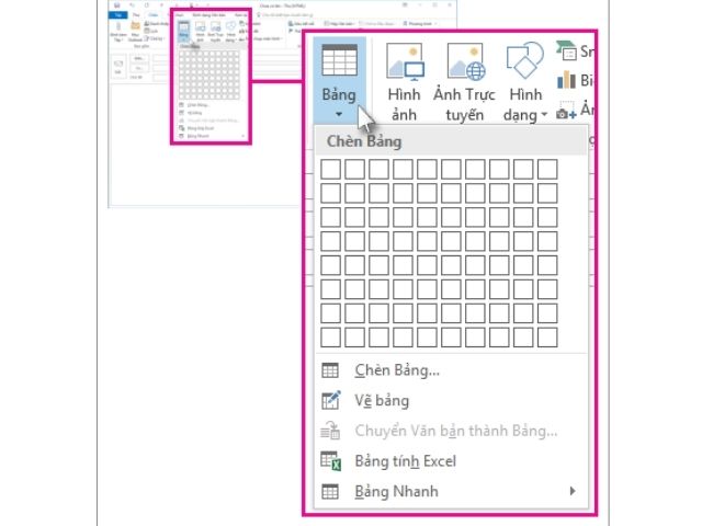 Chèn bảng vào trong email outlook