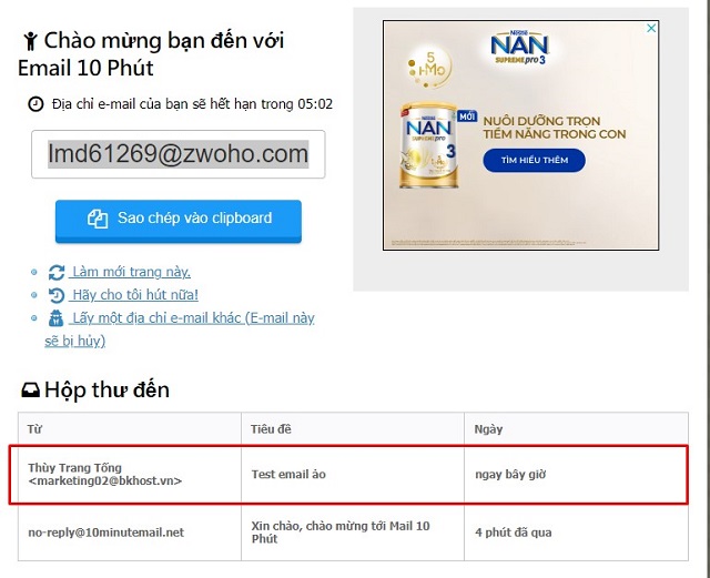 Lập email ảo bằng 10 Minutermail