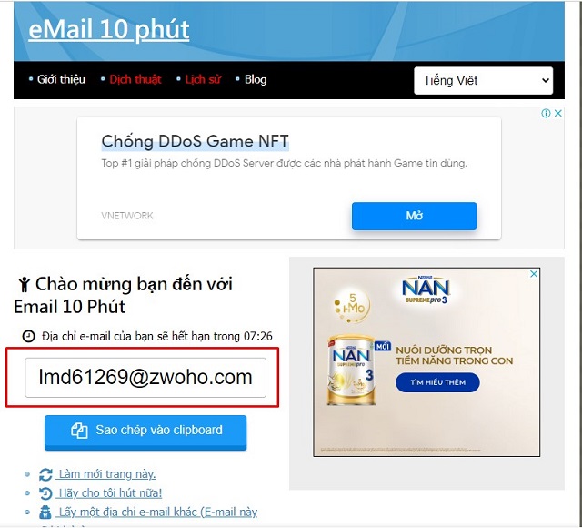 Lập email ảo bằng 10 Minutermail